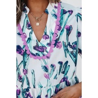 Purple Floral Ricrac Trim Half Sleeve Peplum Top - L thumbnail