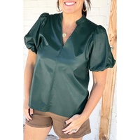 Sea Green  Notched V Neck Short Puff Sleeve PU Leather Blouse - L thumbnail
