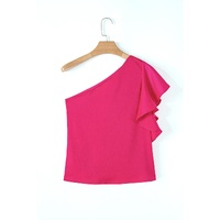 Strawberry Pink Asymmetric Shoulder Ruffle Sleeve Elegant Blouse - L thumbnail