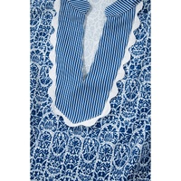Blue Floral Striped Print Contrast Ric-rac Puff Sleeve Top - L thumbnail