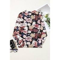 Pink Mesh Floral Print Mock Neck Long Sleeve Slim Top - L thumbnail