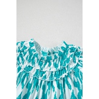 Sky Blue Abstract Print Frilled Crewneck Loose Fit Blouse - L thumbnail