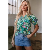 Green Brushwork Geometric Print Puff Sleeve Notched Neck Blouse - L thumbnail