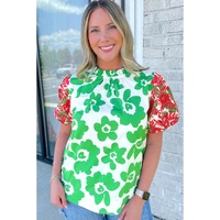 Green Contrast Embroidered Puff Short Sleeve Floral Blouse - L thumbnail