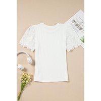 White Eyelet Pattern Short Sleeve Patchwork Ribbed Top - L thumbnail