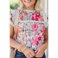 Pink Floral Print Contrast Ruffle Trim Short Sleeve Blouse - L thumbnail