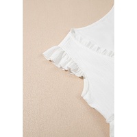 White Textured Ruffled Trim V Neck Flutter Flowy Top - L thumbnail