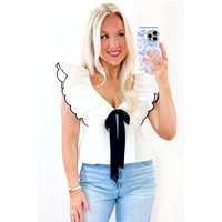 White Contrast Bow Ruffle Trim V Neck Blouse - L thumbnail