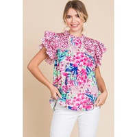 Pink Floral Mixed Print Ruffle Cap Sleeve Blouse - L thumbnail