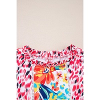 Red Floral Mixed Print Ruffle Cap Sleeve Blouse - M thumbnail