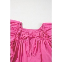 Sachet Pink Shirred Yoke Lace up V Neck Ruffled Sleeve Blouse - L thumbnail