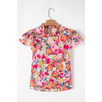 Multicolour Lace Trim Ruffle Short Sleeve Floral Blouse - M thumbnail