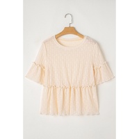 Beige Solid Color Textured Ruffled Short Sleeve Blouse - M thumbnail