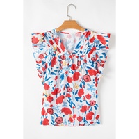 Red Flowers Pintuck Detail V-Neck Ruffled Sleeve Top - L thumbnail