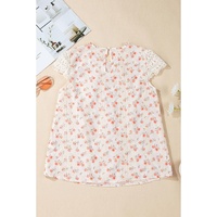 Pink Floral Print Embroidery Detail Crochet Cap Sleeve Blouse - L thumbnail