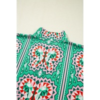 Sea Green Boho Abstract Print Contrast Striped Collared V Neck Blouse - L thumbnail