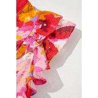 Red Abstract Print Split V Neck Ruffle Short Sleeve Blouse - L thumbnail