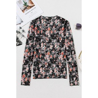 Black Floral Mesh Sheer Long Sleeve Top - L thumbnail