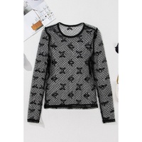 Black Bow Pattern Accent Mesh Long Sleeve Top - L thumbnail