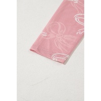 Pink Round Neck Bow Print Long Sleeve Mesh Top - L thumbnail