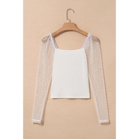 White Swiss Dot Mesh Long Sleeve Square Neck Slim Top - L thumbnail