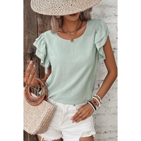Clearly Aqua Solid Color Ruffled Short Sleeve Casual Blouse - L thumbnail