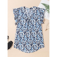 Sky Blue Boho Abstract Print Pintuck Detail Ruffled Top - L thumbnail