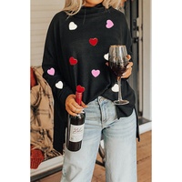 Black Valentines Chenille Heart Patched Dolman Sleeve High Neck Split Top - XL thumbnail