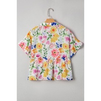 Yellow Floral Boxy Fit Ruffled Short Sleeve V Neck Blouse - L thumbnail