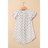 White Boho Pattern Tiered Ruffled Sleeve V Neck Buttoned Blouse - S thumbnail