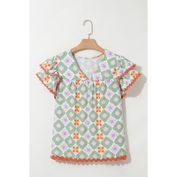 Green Geometric Floral Print Layered Flutter Sleeve V Neck Ric Rac Trim Blouse - M thumbnail
