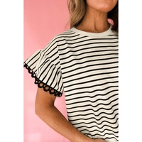 Black Stripe Scallop Lace Trim Ruffle Short Sleeves Crewneck Top - L thumbnail