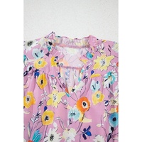 Pink Flutter Sleeve V Neck Floral Top - L thumbnail