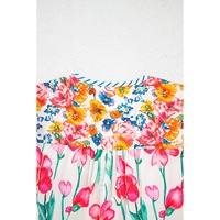 Pink Floral Print Striped Detail Split Neck Short Sleeve Blouse - L thumbnail