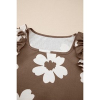 Brown Floral Textured Ruffled Short Sleeve Square Neck Blouse - L thumbnail