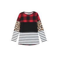 Plaid Print Leopard Splicing Striped Color Block Long Sleeve Top - S thumbnail