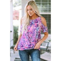 Azura Exchange Lavender Floral Print Cold Shoulder Blouse - S thumbnail