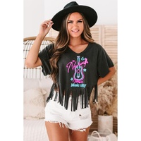Azura Exchange Guitar Slogan Print Fringed V Neck Graphic Tee - L thumbnail