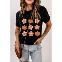 Black Pumpkin Flower Print Short Sleeve Graphic Top - 2XL thumbnail