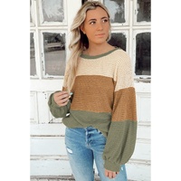 Green Stripe Textured Color Block Bubble Sleeve Baggy Top - S thumbnail