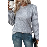 Gray Contrast Ribbed Bishop Sleeve Top - XL thumbnail