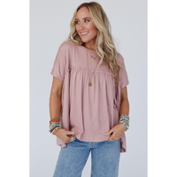 Light Pink Ruffled Trim Loose Babydoll Tee - L thumbnail