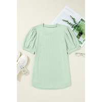 Mist Green Textured Round Neck Short Puff Sleeve Top - L thumbnail
