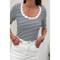 Black Striped Contrast Scallop Trim Half Sleeve T-shirt - XL thumbnail