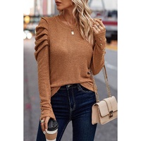 Chestnut Solid Color Textured Buttoned Gigot Sleeve Top - L thumbnail
