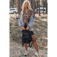 Brown Leopard Print V Neck Half Sleeve Oversized Tee - L thumbnail