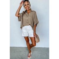 Simply Taupe Collared Half Buttons Folded Short Sleeve Oversize Top - M thumbnail