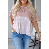 Pink Waffle Floral Patchwork Exposed Seam Detail Short Sleeve Top - L thumbnail