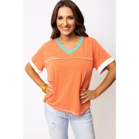 Grapefruit Orange Contrast Trim Exposed Seam V Neck T-shirt - S thumbnail
