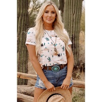 Beige Western Cactus Print Crew Neck Short Sleeve Top - L thumbnail